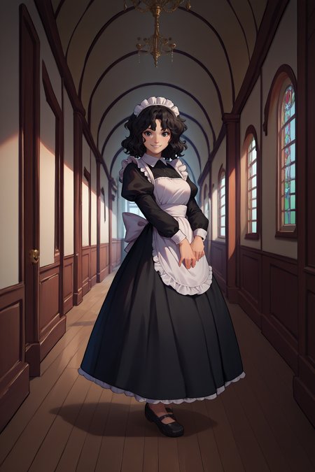 score_9, score_8_up, score_7_up, score_6_up, source_anime, 1girl, solo, <lora:tanamachikaoru-pdxl-nvwls-v1-000006:1> amagamiTK, black hair, wavy hair, medium hair, black eyes, medium breasts, maid headdress, maid apron. black dress, puffy sleeves, looking at you, hallway, chandelier, smile