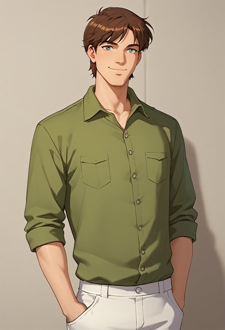 embedding:Pony\Positive\zPDXL3, score_9, score_8_up, score_7_up, 1boy, dean_ts!, male focus, solo, brown hair, green eyes, green shirt, white trousers, hands in pockets, smile, look at viewer, best quality, high resolution, masterpiece.