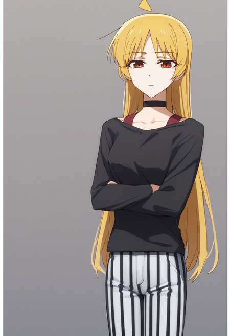 score_7_up, score_6_up, <break> simple background, white background, solo, 1girl, ijichi seika, expressionless, looking at you, standing, crossed arms, ahoge, black shirt, vertical-striped pants, choker, collarbone
 <segment:yolo-face_yolov8m.pt,0.4,0.5//cid=1>