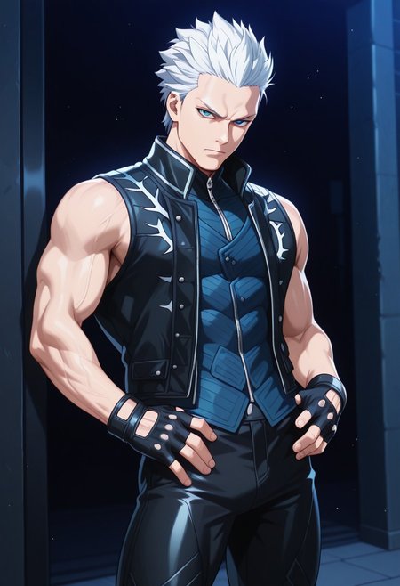 dbstyle, masterpiece, best quality, hyper-Detailed, portrait style, 1man, solo, male focus, alone, detailed, DMC5Vergil ((fit body, fair skin, white hair, short hair, detailed blue eyes, athletic body, slim muscular biceps, slim muscular thighs,)), ((wearing dark-blue vest, black leather pants, black fingerless gloves)), looking at the viewer, serious, hands on waist, standing outside, night