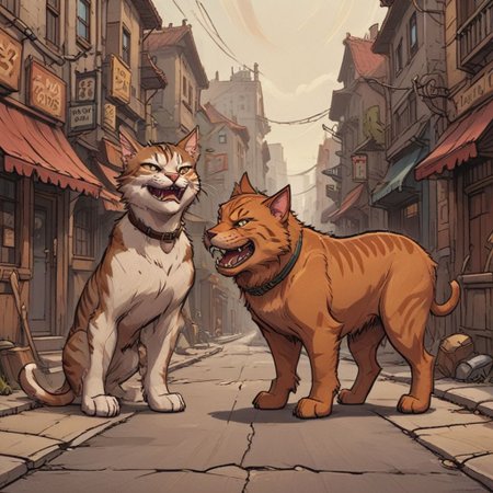 outline, lmnoutln, smiling cat looking at angry dog, street, masterpiece, best quality, outline style, fine lines, thin lines, detailed, no humans