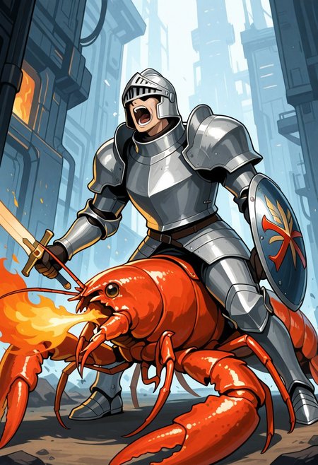 best quality, masterpiece, newest, 1boy, knight, holding sword and shield, screaming, heavy armor, 
 riding lobster, lobster breathing fire, sci-fi background, detailed background,