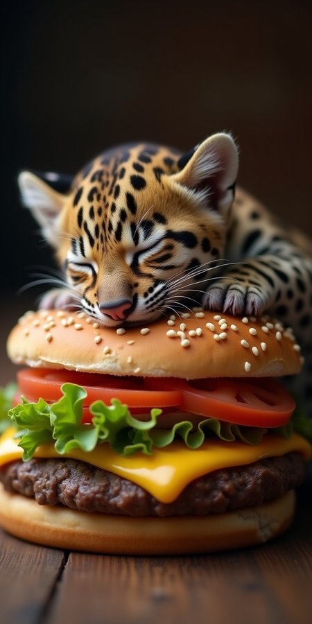 a baby jaguar, fell asleep on a big cheeseburger, fat and too much to eat