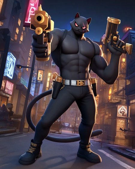 meowscles,gold gun, aiming at viewer, 
in a city,night time,street lights,
by null-ghost,furry,masterpiece,
<lora:meowsclesVPred-step00001500:0.7>,