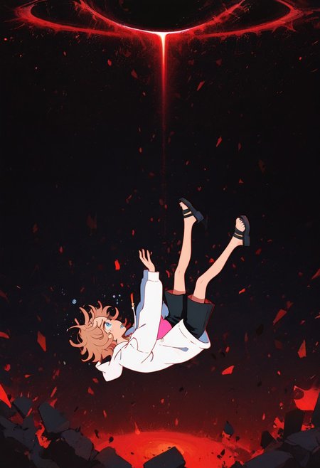masterpiece, best quality, amazing quality, absurdres, very aesthetic, newest, intricate details, dynamic lighting, 1girl, solo, light brown hair, short hair, messy hair, blue eyes, white hoodie, open hoodie, pink camisole, black trousers, short trousers, black sandals, small breasts, skinny, short, scared, anxious, crying, falling, looking up, reaching out, flailing legs, side view, from afar, black background, faint red lights background, red rings, red swirls, red black hole, falling debris, blending