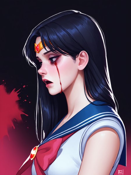 score_9, score_8_up, score_7_up, score_6_up, score_5_up, score_4_up, rating_safe
BREAK
sailor mars, circlet, black hair, black eyes, looking away, tired, half-closed eyes, bags under eyes, sigh, open mouth, looking down, blood on face, blood splatter,
BREAK
solo, portrait, magical girl, red serafuku, from side, holding gun, handgun, blood on weapon,
BREAK
black background, <lora:Lunas-KyuyongEom-SDXL-A1:1>
