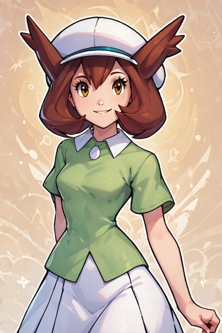 score_9, score_8_up, score_8, medium breasts, (curvy), cute, eyelashes,       BREAK, , zzBianca, brown hair, brown eyes, medium hair, hair between eyes, short sleeves, green shirt, collared shirt, white hat, skirt, white skirt, <lora:Bianca_PokemonHeroes_PDXL_v2:0.7>,, BREAK, smile, looking at viewer,  abstract background, white outline, cowboy shot, embedding:zPDXL, Expressiveh, <lora:CatalystStylePDXL:0.6>,  <lora:SDXLFaeTastic2400:0.5>,  <lora:Expressive_H-000001:0.4>,