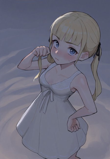 safe_pos, amega4, masterpiece, best quality, aesthetic, muted colors, wide angle, from above, looking up, upperbody, 1girl, one hand on hip, outdoors, blue skies, windy day, Airi Akizuki ,long hair,blonde hair,high twintails,hair ribbon, small breasts, yellow loose summer dress, low cut dress, slight blush, looking at viewer, warm lighting, 