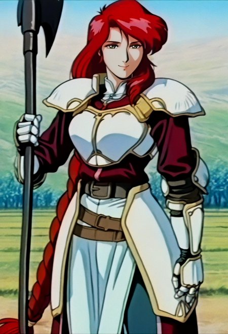 masterpiece, best quality, solo, looking at viewer, 1girl, smile, <lora:FeOVA_GLoRA-illus_Fp:1>, retro artstyle,  <lora:fetitania-illu-nvwls-v1:1>, dfttna, red hair, green eyes, braided ponytail, armor, shoulder armor, red coat, gauntlets, belt, pelvic curtain, pants, holding axe, field,