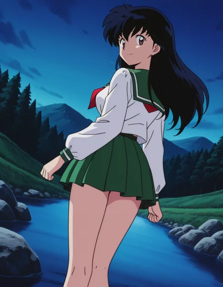 official style,Higurshi kagome (2000s anime analog),retro artstyle,black hair,long hair,bangs,brown eyes,school uniform,serafuku,green sailor collar,red neckerchief,white shirt,green pleated skirt,
looking at viewer,
(from behind:2),
medium large breasts,
perky breasts,explicit,hair between eyes,(bold:3.12),thick outline,black outline,harsh lines,soft lines,deluster,boldline,curvy,slim,(hat:-1),
 smile,
dutch angle,(anime screencap),(anime coloring:1.2),anime screenshot, animated painting, animated gif,2d cel anime,anime cap,anime,anime style,anime cel,Cel shading,cel shaded,soft brightness,perfect face,perfect nose, perfect hair, perfect eyes,perfect female body,perfect skin,a face of perfect proportion,perfect lighting,perfect anatomy,perfect proportion,perfect hands,perfect legs,perfect fingers,masterpiece,super fine illustration,best quality,very aesthetic,absurdres,16k,intricate detail,amazing quality,detailed linework,vibrant colors,kawaii,flat color,sky,mountain,forest,night,river,field,Stone Wall,
 <lora:ç¬å¤åæ¥æ®ããã2000å¹´ä»£ã¢ãã¡ã¢ãã­ã°ä½ç»é¢¨illustriousInuyashaHigurashi_Kagome2000s_anime_analog_painting_Styleillustrious:1:0.8>