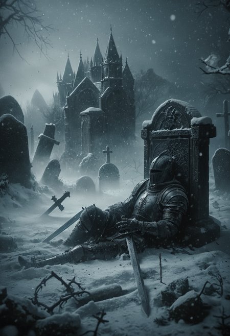 somber and cinematic scene, a fallen knight resting and lying down against a gravestone in a snow-covered graveyard, the knight clad in full armor, grips a sword with hand, the blade buried in the snow, Snowflakes gently fall around him, melancholic atmosphere, background is a dark gothic castle looms that obscured by the swirling snow and mist, haunting beauty of a warrior's final rest, <lora:- SDXL - vanta-black_contrast_V3.0:0.5>, <lora:NicolaSamori:0.6>, <lora:MJ52:0.3>, <lora:ral-ertmsphr:0.8>