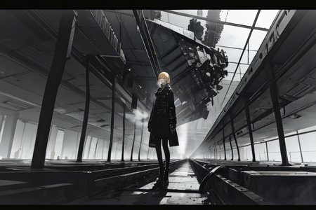 highly insanely detailed, masterpiece, top quality, best quality, highres, 4k, 8k, RAW photo, (very aesthetic, beautiful and aesthetic),  
tsutomu nihei,nihei_tsutomu,blame!,blame gakuen!,abara,TNstyle,sidonia_no_kishi,(sidonia \(ship\),space,spacecraft,deep horizon,mausoleum),clouds,fog,steam,tentacles,letterboxed,toha heavy industries,air conditioner,walkway,bridge,bones,lantern,dome,drainpipe,gauna,gauna mech,light particles,ventilation fan,ventilation shaft,dark sky,black sky,machinery,wire,fence,star \(sky\),starry sky, 
<lora:blameLora_v10:0.6>, 
(1girl:1.3), 
solo focus, 
honey blonde background,âââ