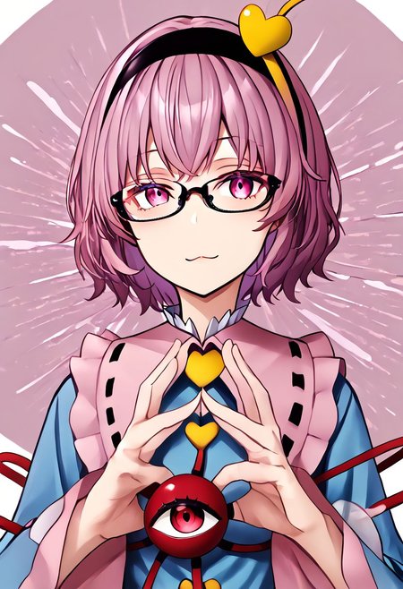 1girl, satori, komeiji_satori, bespectacled, glasses, third_eye, black_hairband, blue_shirt, long_sleeves, frilled_sleeves, wide_sleeves, frilled_shirt_collar, pink_skirt, eyeball, heart_button
masterpiece, best quality, very aesthetic, absurdres,