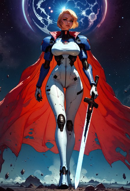 score_9, score_8_up, score_7_up,  woman in a white latex suit, galactic queen, solo, full body, standing, legs, against night sky, galactic throne, star sky, galaxy, hips, large breasts, Star Trek setting, retrofuturism, blonde hair, (very short hair:1.2), high top cut, red cape, (holding a futuristic broadsword and large robotic shield:1.2)  <lora:pony/twilight_style:0.8> concept art <lora:pony/expressiveh:0.8> expressiveh, <lora:pony/kenva:0.7> <lora:sdxl/sinfully_stylish_sdxl>