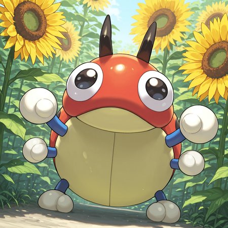 2d, solo, Pokemon (creature), Ledyba, insect, blue arms, white hands, multicolored body, red head, black antennae, black eyes, big pupils, closed wings

BREAK standing, smile, outside, sunny day, sunflowers,

BREAK best quality, amazing quality, very aesthetic, absurdres, newest, high quality, masterpiece 