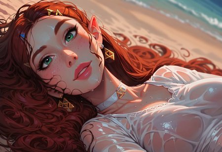 (score_9, score_8_up, score_7_up, score_6_up), source_cartoon, (high quality), (high resolution), 4k, perfect face, 1girl,(Princess Zelda),detailed face, Expressiveh, vibrant makeup, young woman,(very long curly auburn hair, very long auburn hair, wet hair), detailed green eyes, freckles, pale skin, milf body, wet body, slender waist, big boobs, extra wide hips, beautiful, adult, sexy, (wearing a white lace sundress,wet clothes,sheer  ), ,choker,earrings, necklace, looking  up at viewer, ((close-up angle, dynamic angle)),happy, BREAK, beach background, on the beach, laying down along the coast), BREAK, g0thicPXL, glowing, neon, romantic lighting,