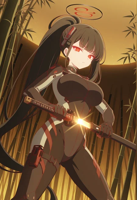 solo, 1girl, halo, very long hair, black hair, blint bangs, ponytail, red eyes, symbol-shaped pupils, hair ornament, bodysuit, bamboo forest, fighting stance, holding katana, unsheathing, glowing blade, outdoors, looking at viewer,  <lora:Rio_Bodysuit:1>, masterpiece, best quality, amazing quality, very aesthetic, absurdres, highres, newest
