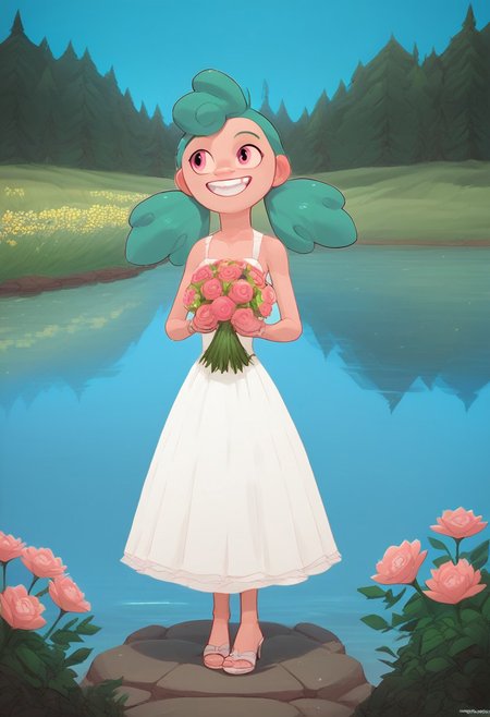 score_9, score_8_up, score_7_up, solo, 1girl,
turquoise hair, two pigtails, bright pink eyes,
happy, teeth smile, standing full body barefoot flat breast outdoors, lake, altar Wedding background, Wedding dress Wedding veil Wedding Ring high heels sandals holding Bunch of flowers