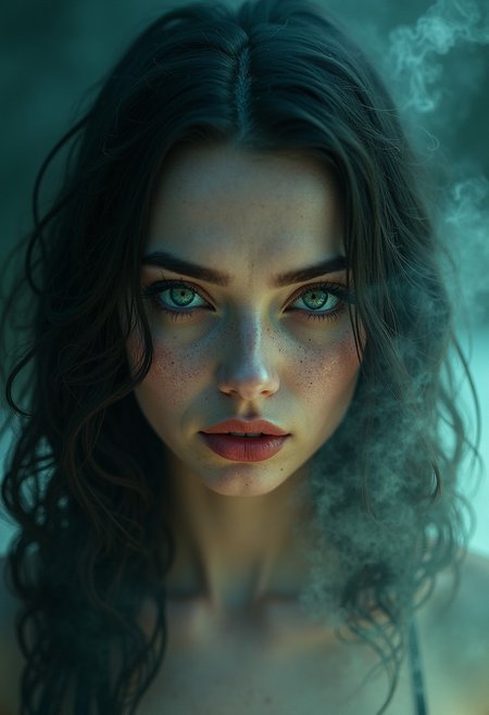 A powerful Enchantress. She is of dust it is of electricity, She is power, She is alive, she stares into your soul, she is beautiful, she is terrifying, she dreams and reality conforms. colored lighting, piercing eye contact, eldritch skin lines, 
Detailed photograph, masterpiece