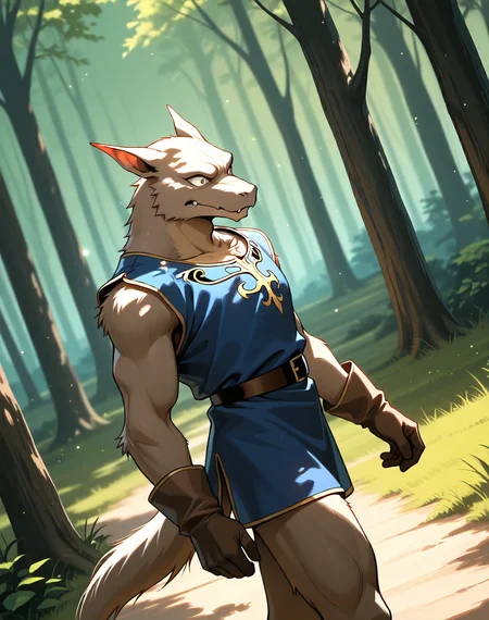 <lora:Kobold_(Record_of_Lodoss_War)_(Illustrious)_(AD):1> kobold, muscular, Record of Lodoss War, 
dutch angle, exterior, battleground, dynamic action, dutch angle, fantasy forest, nature landscape, 
kobold soldier, no pants, fur tail, furry body, cowboy shot, bent leg, twisted torso, male chest focus, pec cleavage, 
BREAKvery awe, aesthetically pleasing, masterpiece, best quality, amazing quality, very aesthetic, perfect depth of field shot, masterclass color theory, in'ei, gradient style coloring, 
EZRealPONYXL, zPDXL, Smooth Quality, lazympos, IllustQualXL_Pos,