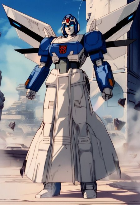 score_9, score_8_up, score_7_up, animation, transformers, 1girl, robot, Decepticon, Tall, slim, Seeker, Starscream glowing eyes, blue eyes, large eyes, circular eyes, white armour, forward long jet swept wings, transforms into futuristic Stealth Mig Fighter Jet, full body, cowboy shot, smiling, holding null ray blasters, Decepticon Symbol, long skirt armour (split in middle) head crown,
 <lora:StarScream1.2:1>