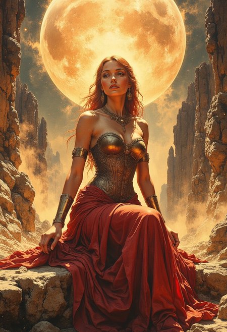 A regal celestial woman sits on a jagged rock formation in the center of a golden-lit canyon. Her red hair is swept back, strands catching the light. Her cheekbones and eyes are sharply defined, illuminated by the warm glow.
She wears a flowing crimson gown, draped over her shoulders, cascading in heavy folds, pooling at her feet. A bronze corset, adorned with filigree engravings and gemstone inlays, reflects the warm canyon light. Her golden bracelets, etched with ornate patterns, catch the flickering glow of floating embers drifting through the air.
Above her, a massive celestial sphere hovers, its semi-transparent surface swirling with golden dust and glowing embers. The sphere emits a soft golden light, casting a halo-like illumination around her.
The canyon walls rise steeply, their textured stone formations contrasting with the hazy, glowing atmosphere. Small golden orbs float through the air, their soft light blending with the dust and mist clinging to the ground.
The scene is bathed in deep golds, warm reds, and soft ambient glows, highlighting the contrast between the rugged canyon landscape and the celestial presence of the woman.