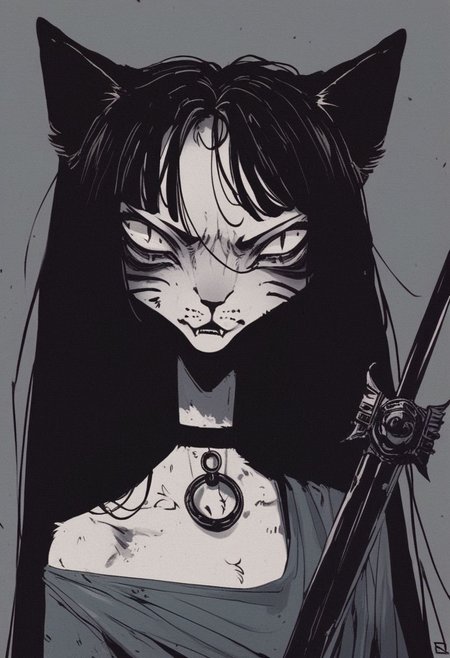 score_9, score_8_up, score_7_up, (cat girls), dystopian future, in a big gladiator arena, anthro, skinny, character portrait, holding a sword and shield, fierce and raging, long hair, choker, oversized clothes, dutch angle, alternate hairstyles, growling