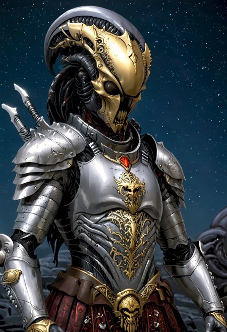 An insanely Detailed Divine Xenomorph, elfish, Golden and silver in color, cyberpunk, a crimson tinge to the golden color, Hyperdetailed, Omnipresent, Beautiful, Sinister overtones, otherworldly,((masterpiece, best quality)), fantasy, solo, 1 alien knight, silver armor chestplate with silver medieval ornaments and runes, galactic night sky background, perfect composition, sidelighting, outdoor,Ornamental armor