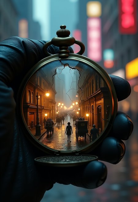 A close-up of an old, cracked pocket watch held in a gloved hand, the glass face missing, revealing not gears but a miniature, frozen moment in time insideâa bustling Victorian street, with tiny horse-drawn carriages and pedestrians, all paused mid-action. The buildings within the watch are intricately detailed, with tiny street lamps casting a soft, golden glow. The glove is made of finely stitched leather, and in the background, a cyberpunk crowded mega-polys street, fades into the neon light and smoke, late night, skyscrapers, futuristic cars