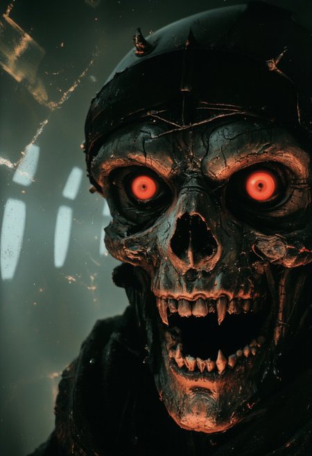 A dark, atmospheric close-up of a Shinigami's ghastly face, illuminated by the faded neon hues of a dystopian 80s sci-fi world. Its skeletal visage is warped and grotesque, with jagged, bone-like contours that seem to shimmer faintly with spectral pastel tones. Deep crimson eyes burn with an otherworldly glow, casting an eerie light onto its cracked, angular helmet, which bears the scars of countless ages. The sharp, decayed grin stretches unnaturally wide, revealing rows of crooked, shadowed teeth, exuding an aura of menacing delight.
The background fades into the grainy, lofi remnants of a derelict spaceport, where muted neon reflections and swirling smoke create a haunting bokeh effect. The pale glow of broken solar sails flickers weakly, highlighting the intricate cracks and grooves on the Shinigami's decayed features. Its tattered cloak, barely visible, drifts in the haze, as if moved by an invisible force.
The cinematic composition draws the viewer into the unsettling details of the Shinigami's deathly face—its hollow cheekbones, the cracks spiderwebbing across its ancient skull, and the faint shimmer of toxic dust clinging to its decayed form. A subtle film grain and soft volumetric lighting add to the melancholic, vintage aesthetic, capturing the terrifying beauty of this reaper from another world.
