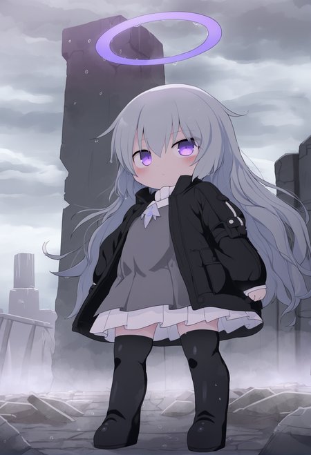 masterpiece, hyper detailed, best quality,(furry:1.3),F:\\AIxunlianji\\SWAV\\10 SWAV, 1girl, solo, long hair, dress, thighhighs, cloud, outdoors, thigh boots, standing, boots , sky, cloudy sky , rain, bangs, long sleeves, black dress, water, gun, black jacket, black footwear, purple eyes , jacket, grey hair, day, closed mouth, pleated dress, very long hair, looking at viewer, halo , rifle, black thighhighs, grey dress, ruins, full body, hair between eyes, capelet, puffy long sleeves  ,<lora:DAGASIXLlokr8f-000188:0.95>