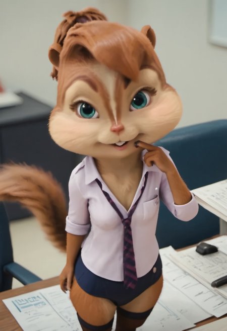 Score_9, score_8_up, score_7_up, source_furry, hentai, porn, brittany miller,  trans, boy chipmunk,  furry female, sissyboy, lgbt, furrya chipmunk was made into a chipmunk, , 3d,  Sexy secretary , in the office , standing tall , holding documents , flirting , femininity, miniskirt stockings , white blouse , small round breasts  , Playful look , lively look , looks at the viewer, winks ,Sexy pose , intimate setting,<lora:Brittany_Miller__Alvin_and_the_Chipmunks__CG_Movie_version:0.8>