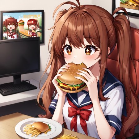 sitting, restaurant, joyful, sparkly eyes, 1girl, ronika, auburn-brown hair, long hair, twintails, sidelocks, auburn-brown eyes, medium-sized chest, serfuku, eating gurger, holdinf burger, dokaguiburger, fries