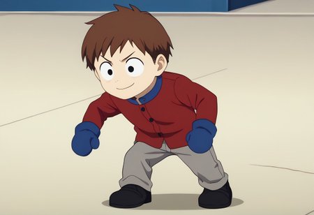 score_9, score_8_up, score_7_up BREAK ClydeSP, 1boy, short brown hair, black eyes, long-sleeved buttoned red shirt, blue collar, gray pants, black shoes, blue mittens, screenshot, official art, parody, anime footage, official design, screencap, anime screenshot, official screenshot, 2d, anime, source_anime, full body, solo, solo focus, smiling, relaxed,