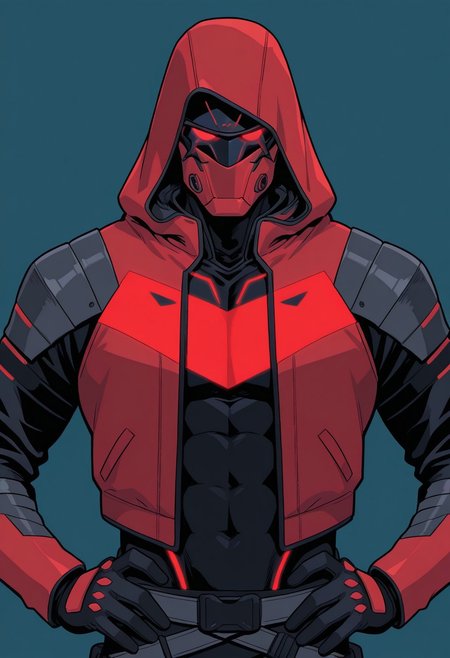 Blue background, simple background, solid color background, 2d, 1male, solo, RedHood_FS, insignia, Jacket, hood up, mask, red eyes, no pupils, glowing eyes, glowing insignia, black bodysuit, armor, Upper body, front view, hands on hip, looking at viewer