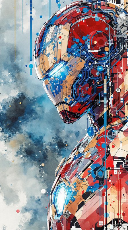 Iron Man, urban Comics, blue ornaments, Marvel, sci fi, highly technology, iconographic, glitch background, , watercolor, ink, mist, interactive image, highly detailed, art style by Clayton Crain + Ross Tran + Rachel Walpole + Jeszika Le Vye + Dan Volbert + Simon Stalenhag + Brian Stelfreeze