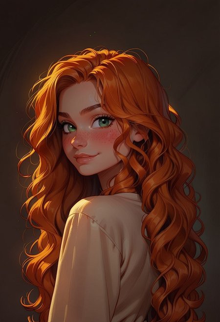 safe_pos, score_9, score_8_up, score_7_up, score_6_up, source_anime, 1girl, cutest girl in the world, orange hair, long hair, wavy hair, green eyes, freckles, sexy eyes, white shirt, inviting, naughty smile, suggestive, alluring, cute, big eyes, looking back, looking a viewer, from behind, blushing, curvy, smirk, portrait, detailed drawing, partially illuminated, rim light, wide hips, narrow waist, s1_dram,