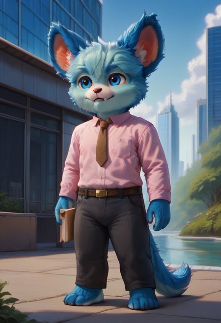 (((Barefoot furry character, full body, cinematic setting, furry male, plantigrade))) 
(((nubs_pooba))) dressed as (((businessman))), standing before (((modern glass and steel office building))), (((wearing pink shirt with brown necktie and long black pants))), stern, strict, ((arrogant))), blue fur, blue eyes, round ears, two little fangs, holds paper plates. semi-realistic animation
BREAK, intricate details, highly detailed, extreme detail, octane render, fine art, best quality, highres, (detailed face:1.5), ((full_body)), UHD, (((perfect hands))), ((low light:1.5))