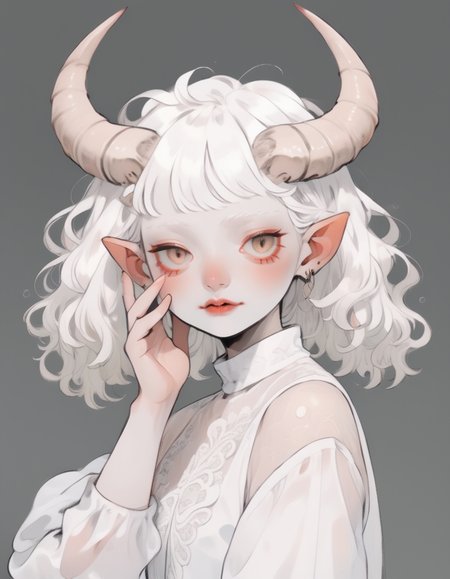 cute comic, albino demon girl with lethargic sleepy smokey eyes (waving:1.3) at the camera, white curls, mesh fishnet blouse, (long intricate horns:1.2) <lora:pale_demon:0.8> <lora:sdxl_cute_social_comic:1>