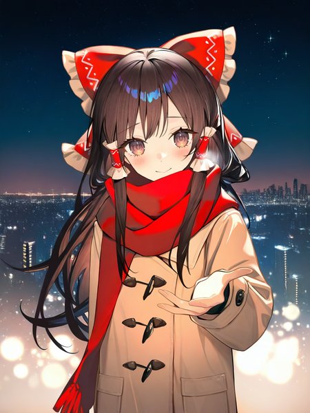1girl,,hakurei reimu,solo,night_sky,looking_at_viewer,night,star_(sky),light_blush,shy,standing,reaching_out,beckoning,outdoors,upper body,smile,coat,red scarf,gradient_background,cityscape,city_lights,<lora:fanggeCL-000024>, masterpiece, best quality, very aesthetic, absurdres