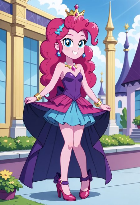 score_9, score_8_up, score_7_up, score_6_up, from My Little Pony Equestria Girls, a very young little human girl Pinkie_Pie wearing a fit blue|sky|green|brown|darkpurple|red|yellow gradients colors short princess dress, elegant detailed princess shoes, solo, 1girl, little princess girl, gradient dark pink hair with crown hairband, smile, childhood, looking at viewer, glow detailed eyes, garden of canterlot, tul, chiffon, laces, semi realistic cartoon, unreal engine 5,  full body close-up, absurdres, digital art, soft light, perfect hands, perfect, hands, perfection, soft pink skin, skyblue eyes, party accesories and shoes, jewelry, tres chic,<lora:age_slider_v4:-4>,