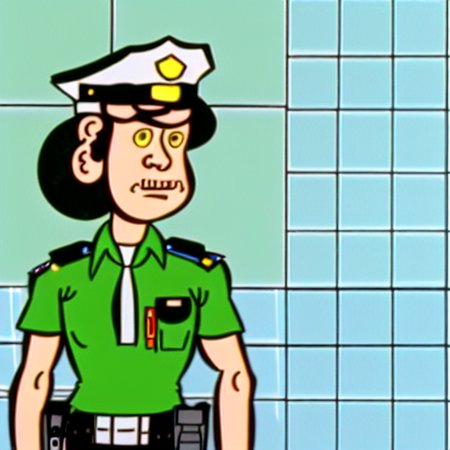 police hat, pornography, black hair, indoors, tree, shirt, tiles, from behind, green shirt, spotlight
