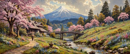 masterwork, award-winning oil painting, masterful composition, highly aesthetic, extremely detailed, dramatic lighting, dramatic sky, dramatic clouds, volumetric lighting, golden ratio, extremely detailed, masterful impressionistic oil painting on canvas, a picturesque japanese countryside in the late 19th century, springtime, mount fuji rising majestically in the distance, partially veiled by a soft morning haze, cherry blossom trees in full bloom lining a gently meandering brook, their pink petals drifting to the ground and floating on the waters surface, traditional thatched-roof farmhouses nestled harmoniously among the trees, their rustic charm blending seamlessly with nature, distant forested mountains stretch across the horizon, softened by atmospheric mist, dramatic sky, lingering rainclouds breaking apart, shafts of warm sunlight piercing through gaps in the overcast sky, casting a gentle glow across the landscape, a crystal-clear stream winds through the scene, reflecting the soft colors of the sky and blossoms, the banks adorned with vibrant wildflowers in shades of blue, purple, and orange, in the middleground, a quaint wooden bridge, weathered by time, arches over the stream, blending naturally into the serene setting, subtle cultural details enrich the scene: a bamboo water spout trickling into a moss-covered stone basin, the faint suggestion of a stone lantern hidden among the blossoms, a lone traveler in traditional japanese attire, wearing a wide straw hat, walks along a narrow dirt path by the brook, carrying a small bundle of firewood on his back, wide-angle panoramic shot, slightly elevated perspective, capturing the vastness of the countryside and the travelers small place within it, soft, diffused morning light, sunbeams filtering through the clouds, casting dappled highlights onto the ground and shimmering on the waters surface, light mist over the mountains heightening the dreamlike atmosphere, painted with loose, expressive brushstrokes, impasto texture bringing life to the blossoms and wildflowers, subtle interplay of pastel pinks, soft greens, warm earth tones, and cool blues, an evocative celebration of springs fleeting beauty, balancing serenity with the gentle tension of nature after rain, impressionistic style, oil on canvas, ovg, arsmjstyle, impressionism, <lora:style-impressionism-flux-by_arsmachina:0.72> <lora:faetastic_details-flux-by_faeia:0.84> <lora:style-amazing_scenery-v3-flux-by_marielle:0.64>