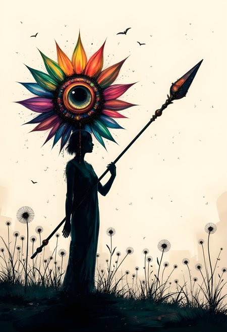 cinna flow, Silhouette figure holding a large, ornate staff. Large, multicolored flower-like object with glowing, iridescent, and sparkling details. Multicolored vibrant rainbow hues cover the object atop the figure's head. A large, dark eye is central to the floral structure. Figure is a silhouette, dark black, appearing as a shadowed form against a neutral, off-white background. Delicate, small dandelion-like plants are scattered across the background, creating a subtle field texture. The staff held by the figure extends outward, creating visual emphasis. Intricate, flowing, painterly black details are distributed throughout, adding layers of movement and abstract elements. The mood is introspective and dreamlike, with a touch of ethereal beauty. Contemporary style; mixed media; digital art style. Perspective is a slightly oblique view. The lighting suggests a soft, diffused light source, highlighting the colors and textures in the artwork.