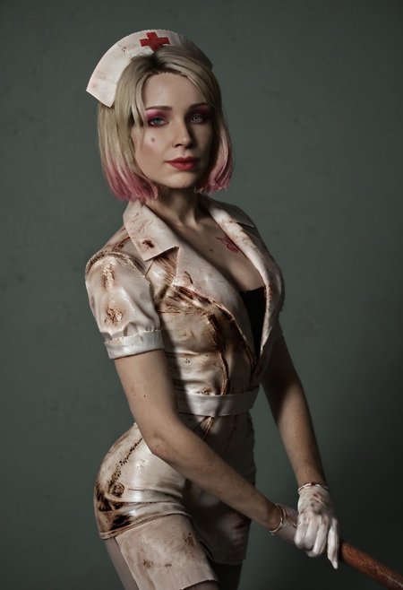 score_9, score_8_up, score_8_up, 1girl, 1girl, solo, SH2R_Mary, blonde hair, short hair, multicolored hair, pink dyed tips, blue eyes, makeup, pink eyeshadow, magenta lipstick, butterfly tattoo on her chest, glowing pink eyes, (nurse, white gloves,pantyhose, holding pipe, nurse hat) showing off her body, eye contact, arching back, fit body