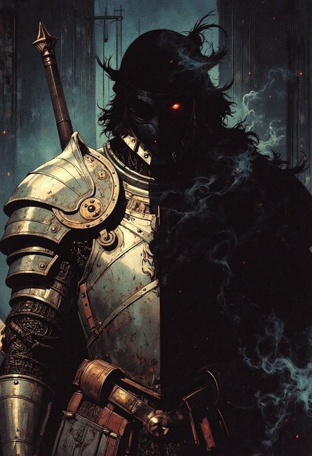 Retro dark fantasy, inspired by classic 80s fantasy illustrations with heavy grain, muted metallic tones, and deep shadows. The armor is rough, battle-worn iron with intricate engravings, glinting under dim, cold light. The palette consists of aged silver, dark steel, and muted crimson, with eerie, subtle highlights from an unseen flickering torchlight.
 A dramatic half-body portrait, heavily asymmetric. One side of the frame reveals the iron-clad King's Guard, his armor imposing and weighty, layered with thick plates and dark chainmail. His helmet is adorned with a ridged crest, obscuring most of his face except for a single, piercing eye that reflects the dim light. The other half of the frame is swallowed in absolute pitch-black shadow, consuming his form as if he is vanishing into darkness. The division is stark, making the contrast between presence and absence feel almost supernatural—does he stand at the threshold of reality itself, or is something lurking in the void beside him?