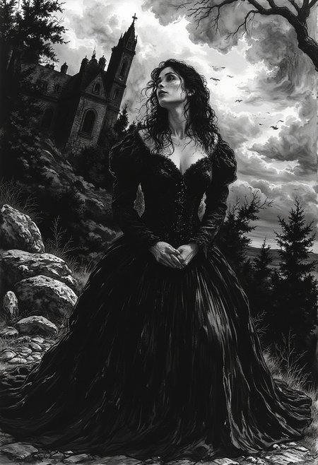 death of innocence goth woman praying, crying, floating in the sky, crucible, black and grey lace gown, expansive, fog, Dorian Cleavinger, hyperrealism, digital illustration, fantastical, hyperdetailed, meticulously detailed, dramatic, atmospheric, 8k resolution, hyperrealism, digital illustration, concept art, dynamic lighting, Gerald Brom, Moebius, H.R. Giger, WLOP, sharp focus, romanticism, brilliant, stunning, intricate, maximalist digital matte painting