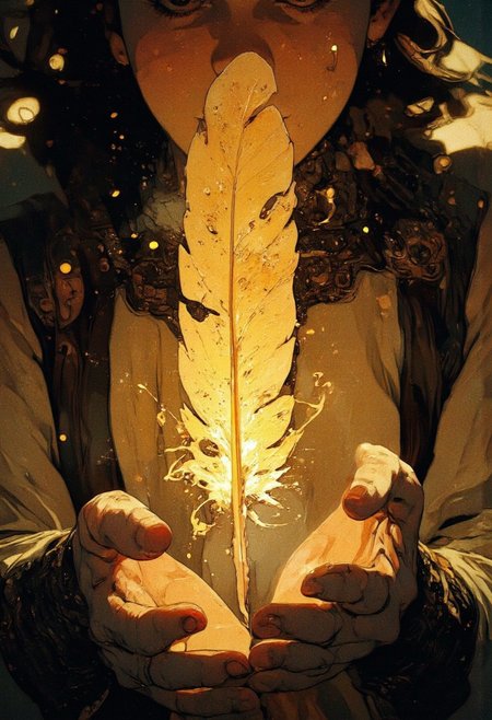 A first-person perspective shot of a person looking down at their hands, gently cradling a mystical, divine hawk feather. The feather glows with a radiant golden-yellow light, pulsing with magical energy. Tiny sparks of golden dust drift from the feather, leaving behind a shimmering trail of ethereal smoke. The person's hands are illuminated by the warm glow, casting soft shadows on their fingers. The background is blurred and dark, emphasizing the feather's otherworldly presence. The atmosphere feels mystical, sacred, and filled with an ancient, divine power.
