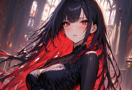 High detailed, ultra detailed, masterpiece, 1Girl, black hair, red eyes, dress