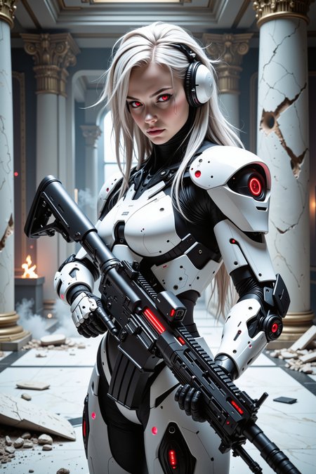 Portrait of a futuristic female cyborg soldier. Her face is completely human, with highly detailed realistic skin, but feature small symmetric seams and (intense red eyes). Her body features thick white armor plates with sharp corners and hard edges, hiding her female figure. She also wears a headset on one of her ears. She also has long synthetic hair in a messy style. She finds herself in a large luxorious room, incorporating marble floors and columns and other details. The room is partially destroyed, and shows the aftermath of a firefight, with bullet holes, cracks and rubble. White smoke and dust is moving over the ground, and tiny fires are visible on the floor. One of the columns has been completely shattered.  Her expression is intense, carrying a thick large caliber futuristic rifle, ready to go back into battle at any moment. The rifle should look massive, and match the style of her white armor plates. Both the armor and the rifle should incorporate vibrant led lights.  The lighting is dramatic, highlighting the intricate details of her face and eyes. The overall aesthetic is cyberpunk and sci-fi.